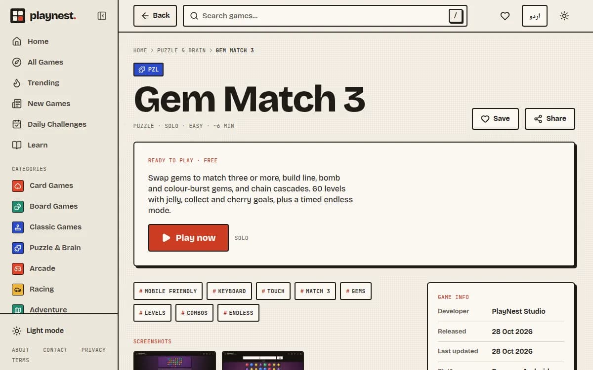 Gem Match 3 game screen on PlayNest